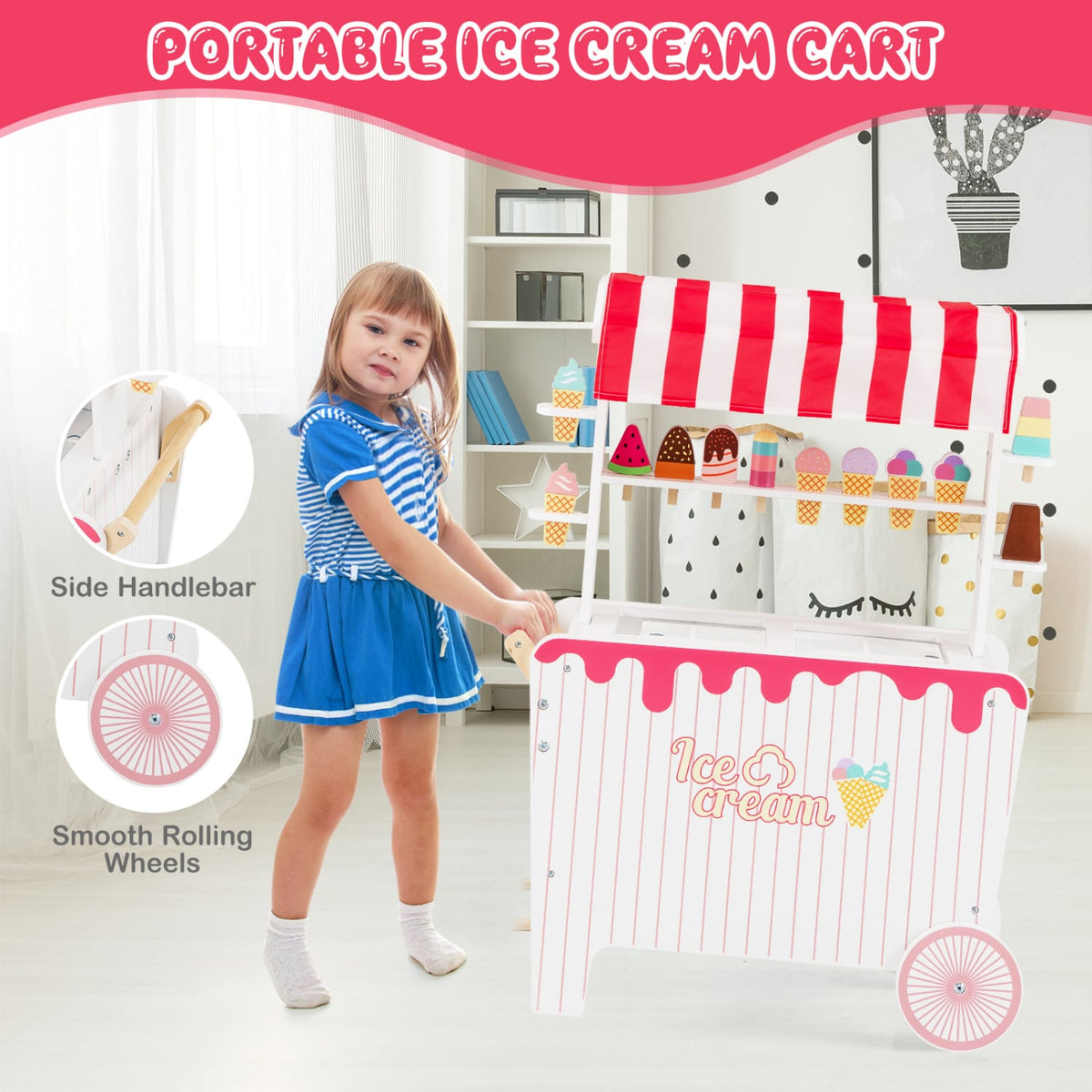 Kids Ice Cream Cart Playset with Display Rack and Accessories-Red view 9