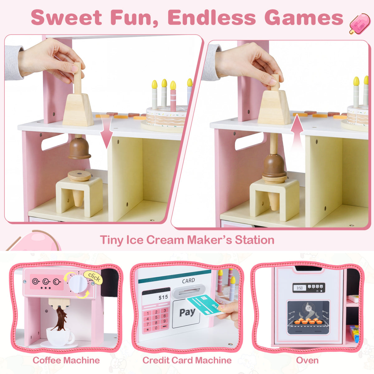 Kids Ice Cream Shop with 27 Accessories and Ice Cream Machine for Ages 3+-Pink view 9