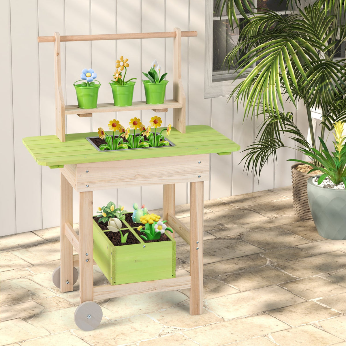 Kids Mud Kitchen with Removable Pots, Watering Can Planting Trough and Storage Box-Natrual view 2