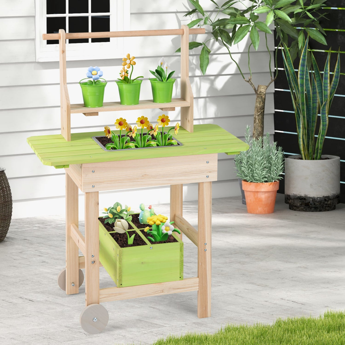 Kids Mud Kitchen with Removable Pots, Watering Can Planting Trough and Storage Box-Natrual view 3