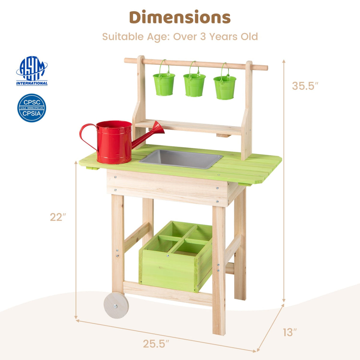 Kids Mud Kitchen with Removable Pots, Watering Can Planting Trough and Storage Box-Natrual view 5
