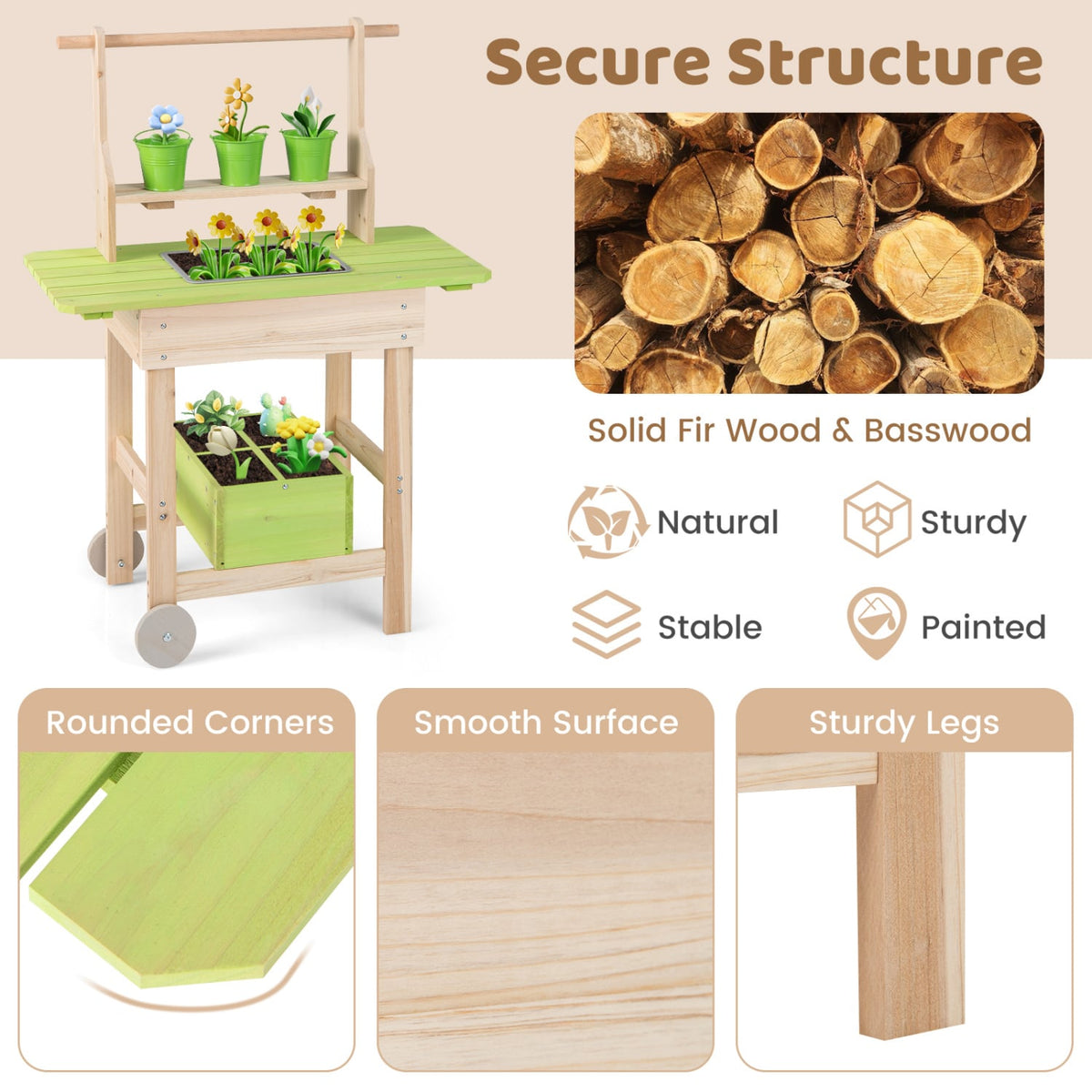 Kids Mud Kitchen with Removable Pots, Watering Can Planting Trough and Storage Box-Natrual view 7