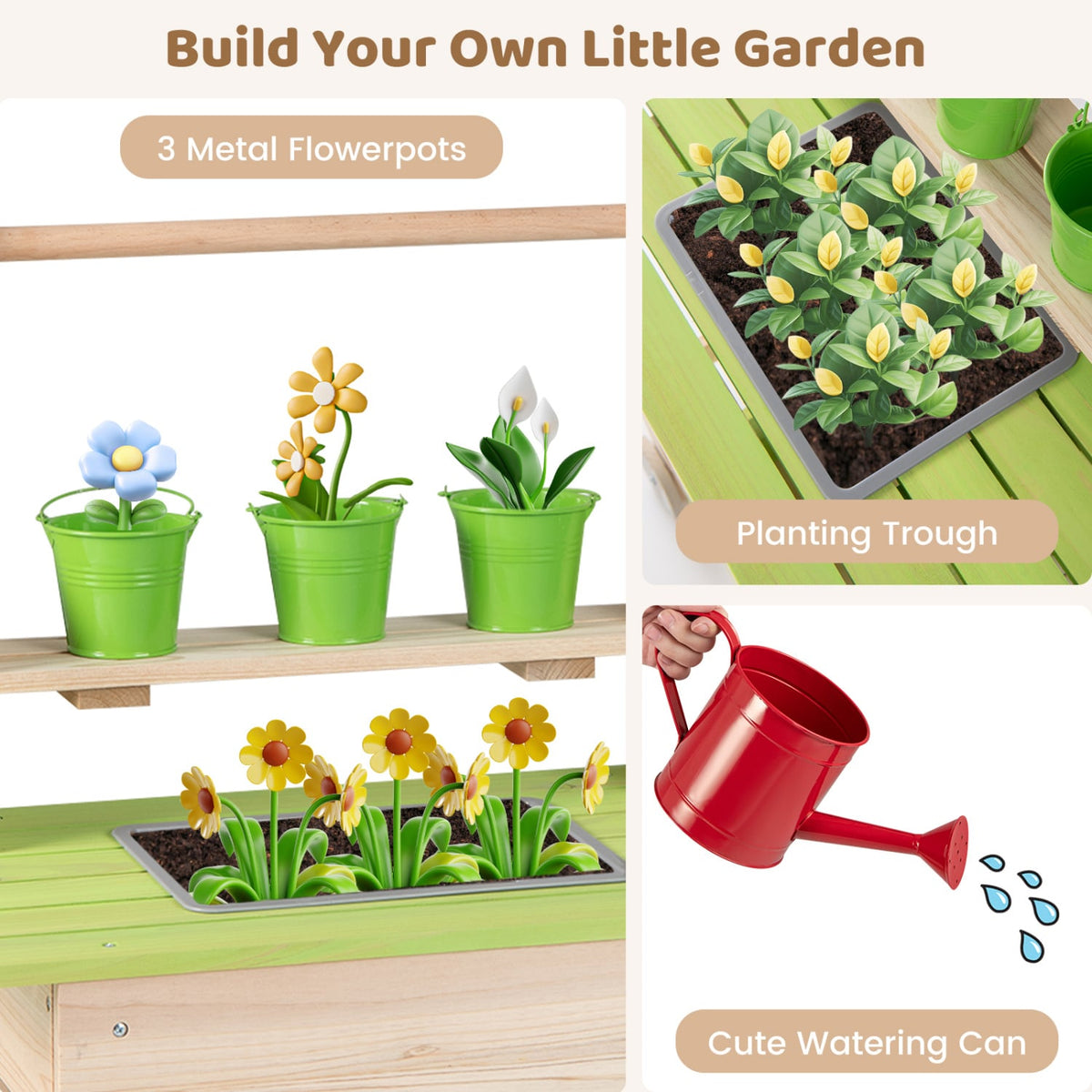 Kids Mud Kitchen with Removable Pots, Watering Can Planting Trough and Storage Box-Natrual view 8