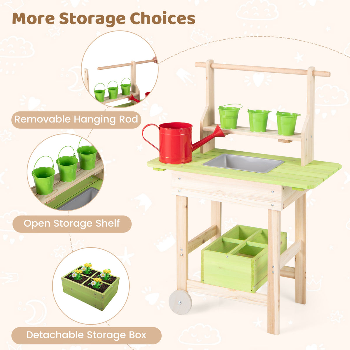 Kids Mud Kitchen with Removable Pots, Watering Can Planting Trough and Storage Box-Natrual view 9