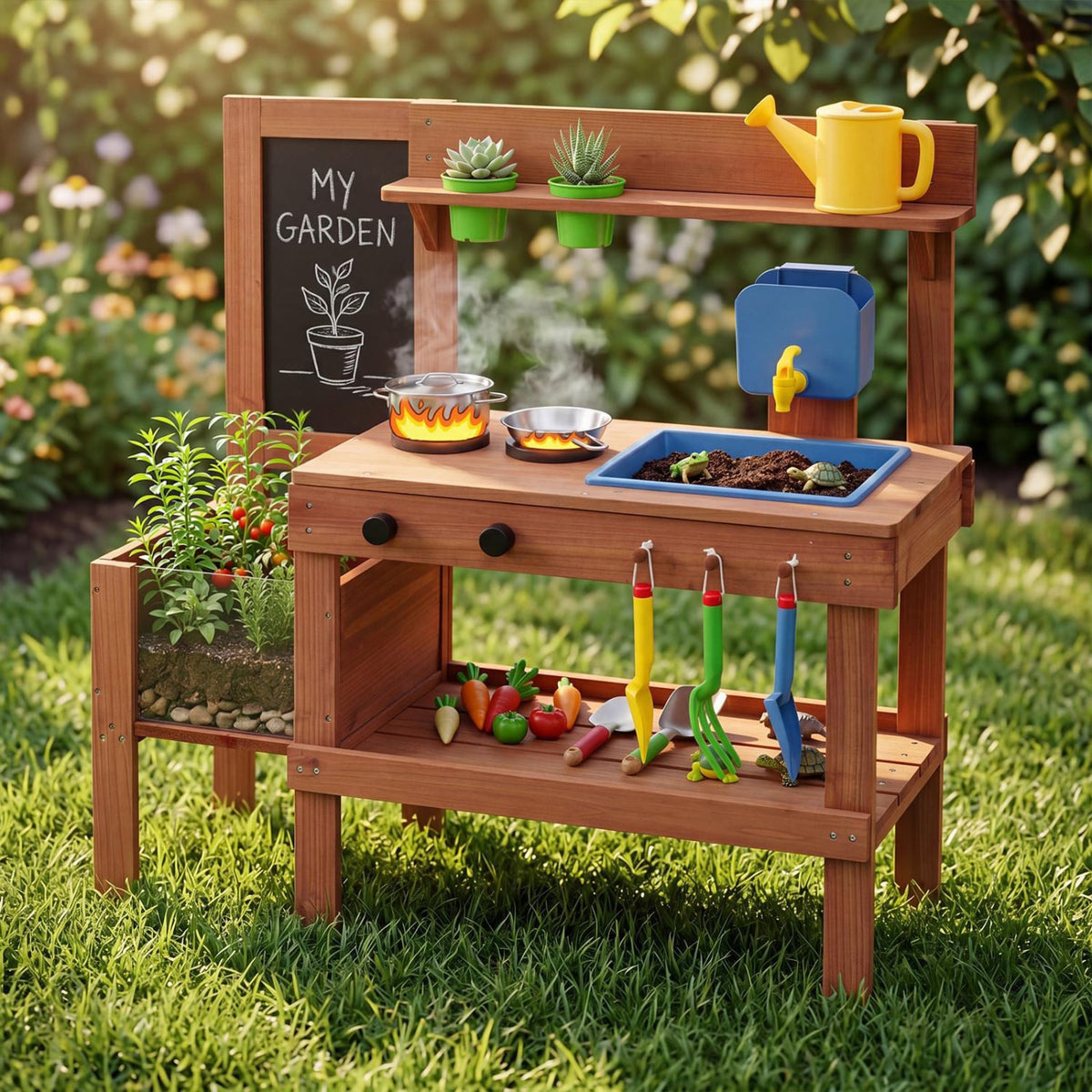 Kids Mud Kitchen with Planter Box and Sink and 13 Accessories for Ages 3+-Natural view 2