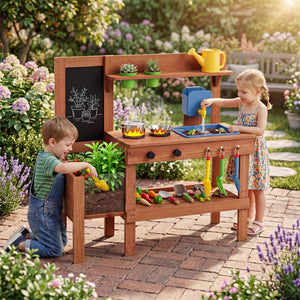 Kids Mud Kitchen with Planter Box and Sink and 13 Accessories for Ages 3+-Natural view 3