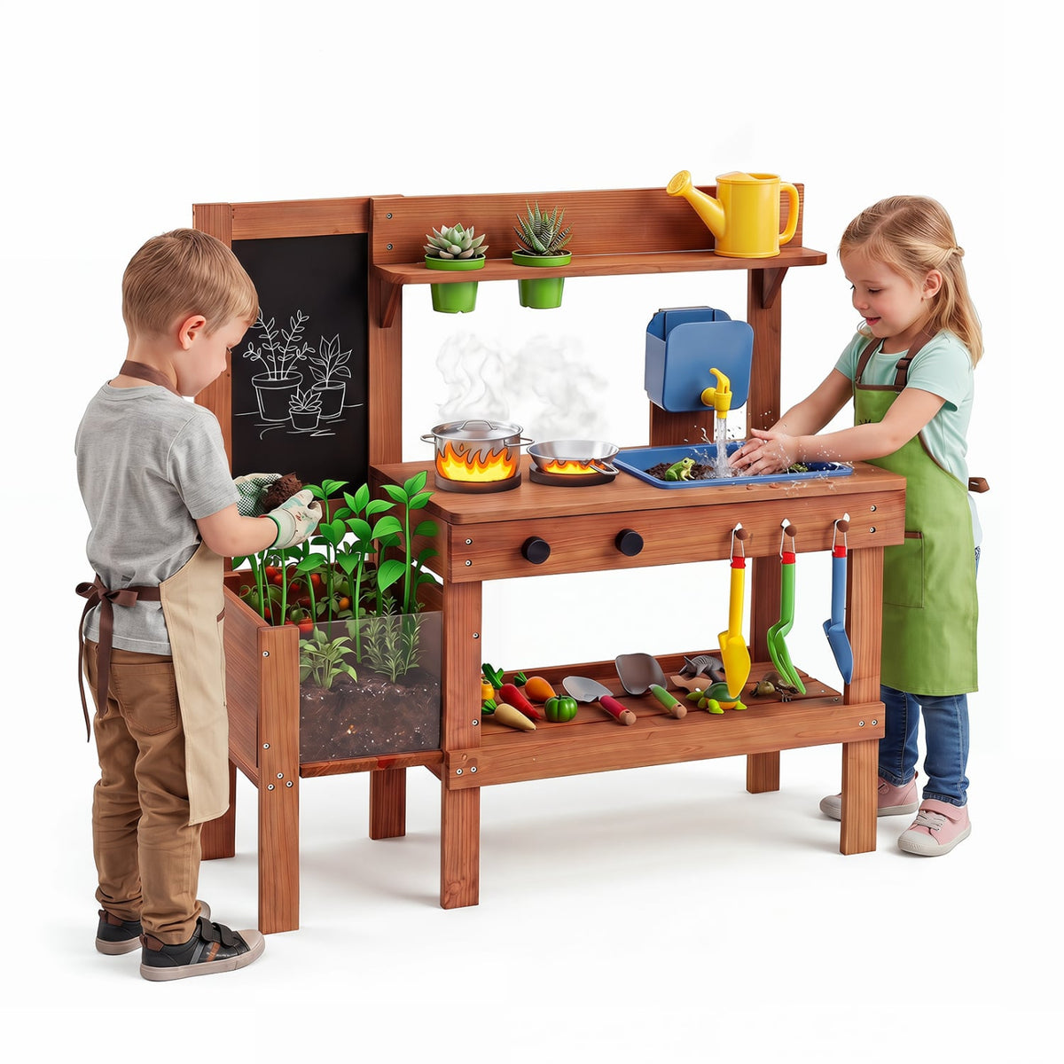 Kids Mud Kitchen with Planter Box and Sink and 13 Accessories for Ages 3+-Natural view 4