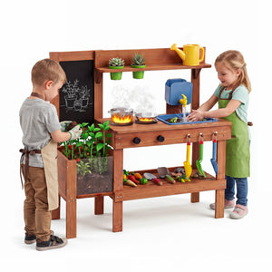 Kids Mud Kitchen with Planter Box and Sink and 13 Accessories for Ages 3+-Natural view 4