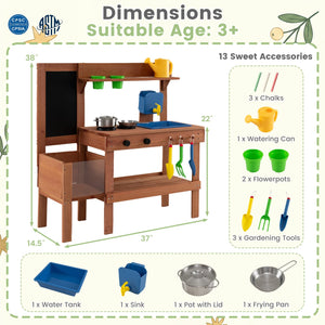 Kids Mud Kitchen with Planter Box and Sink and 13 Accessories for Ages 3+-Natural view 5