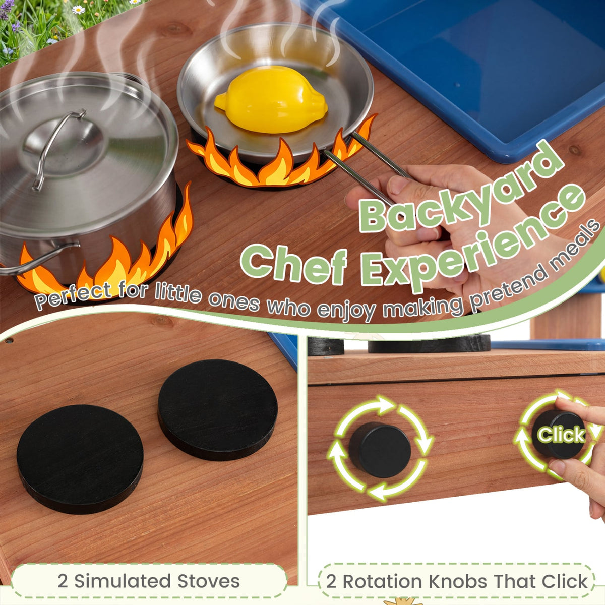 Kids Mud Kitchen with Planter Box and Sink and 13 Accessories for Ages 3+-Natural view 6