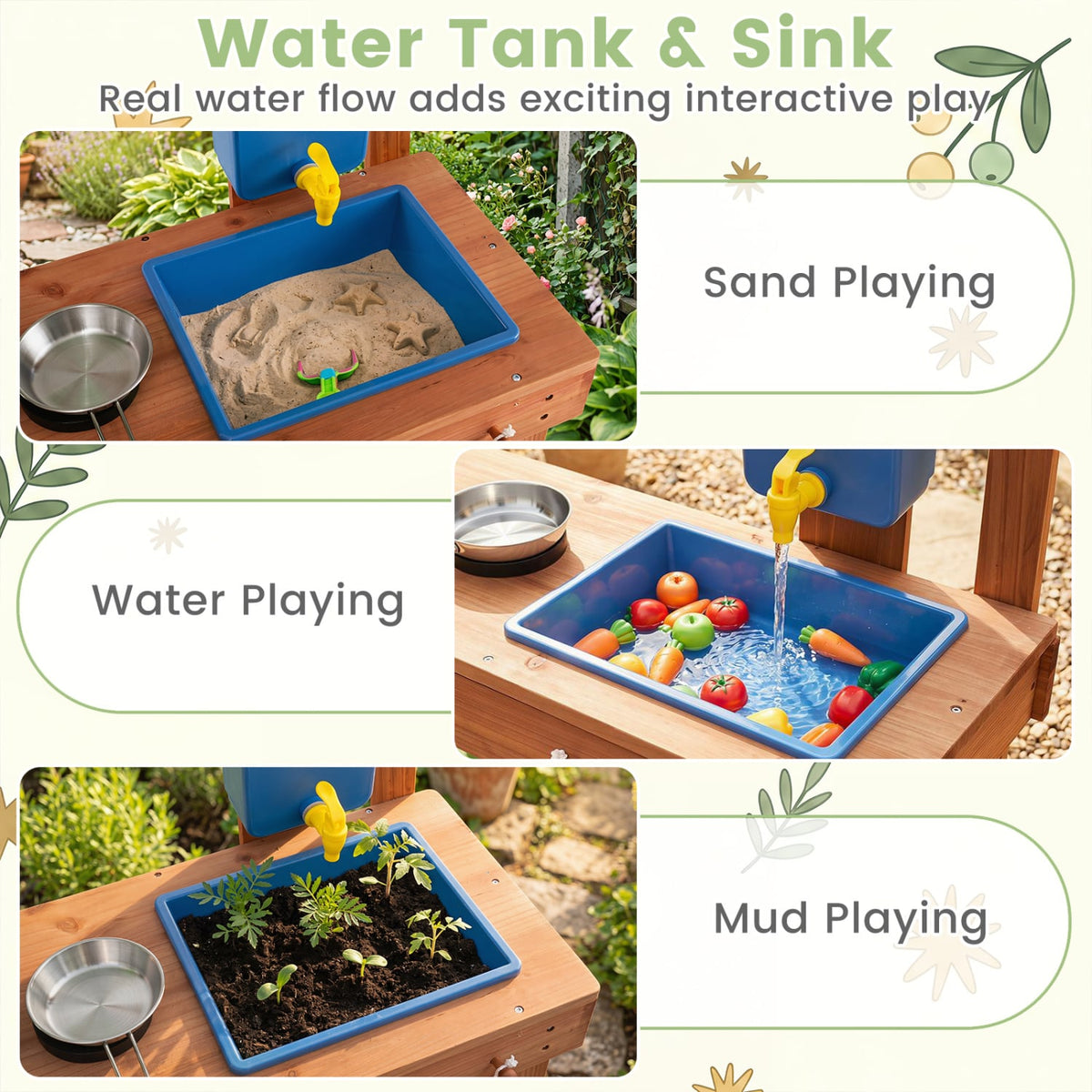 Kids Mud Kitchen with Planter Box and Sink and 13 Accessories for Ages 3+-Natural view 7