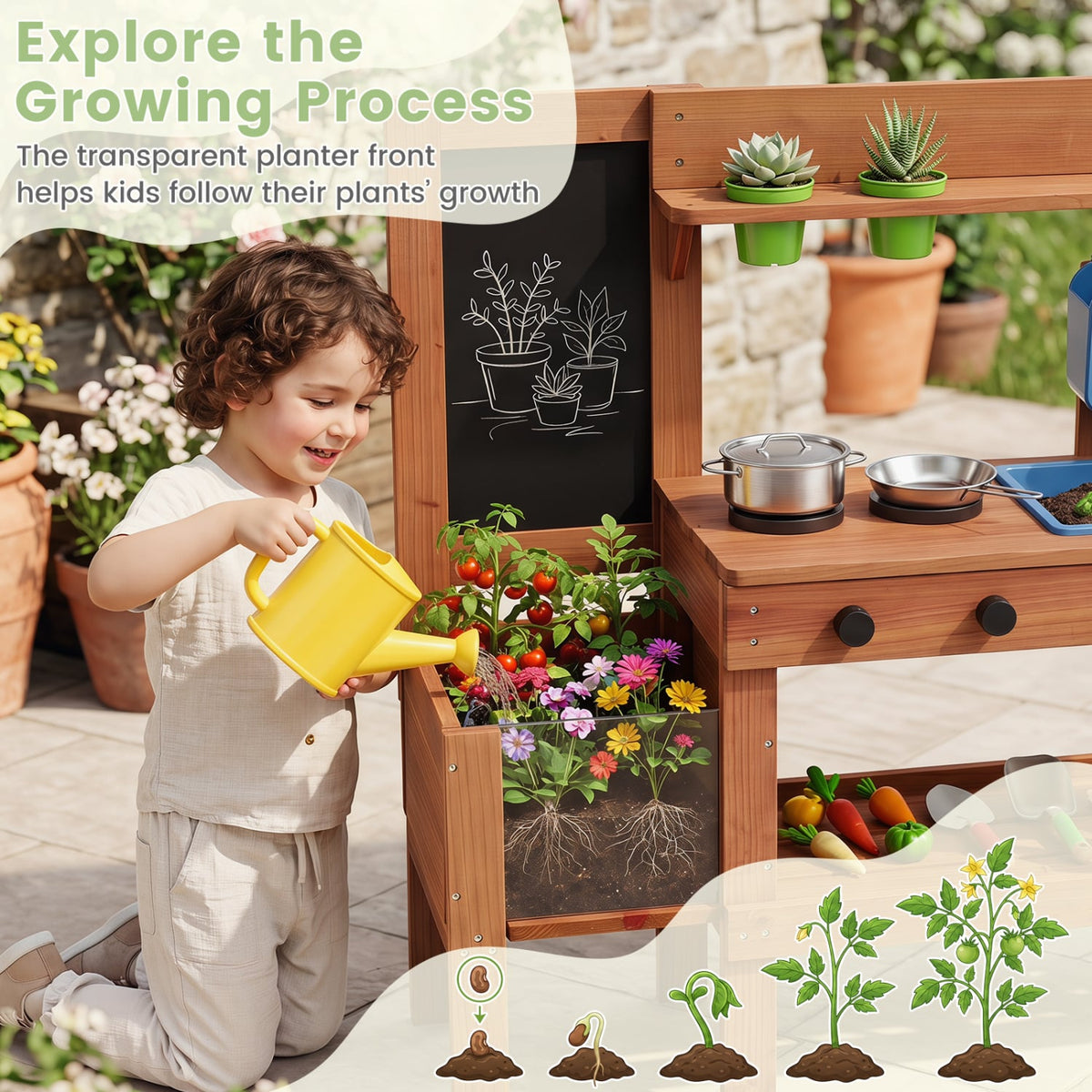 Kids Mud Kitchen with Planter Box and Sink and 13 Accessories for Ages 3+-Natural view 8