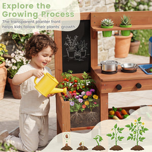 Kids Mud Kitchen with Planter Box and Sink and 13 Accessories for Ages 3+-Natural view 8