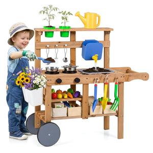 Kids Mud Kitchen with Water Tank and Sink and 15 Accessories for Ages 3+-Natural view 4