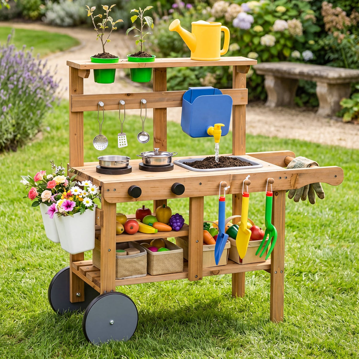 Kids Mud Kitchen with Water Tank and Sink and 15 Accessories for Ages 3+-Natural view 2