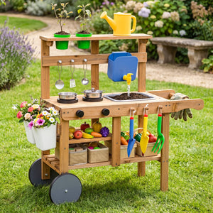 Kids Mud Kitchen with Water Tank and Sink and 15 Accessories for Ages 3+-Natural view 2