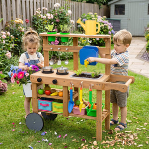 Kids Mud Kitchen with Water Tank and Sink and 15 Accessories for Ages 3+-Natural view 3