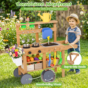 Kids Mud Kitchen with Water Tank and Sink and 15 Accessories for Ages 3+-Natural view 7