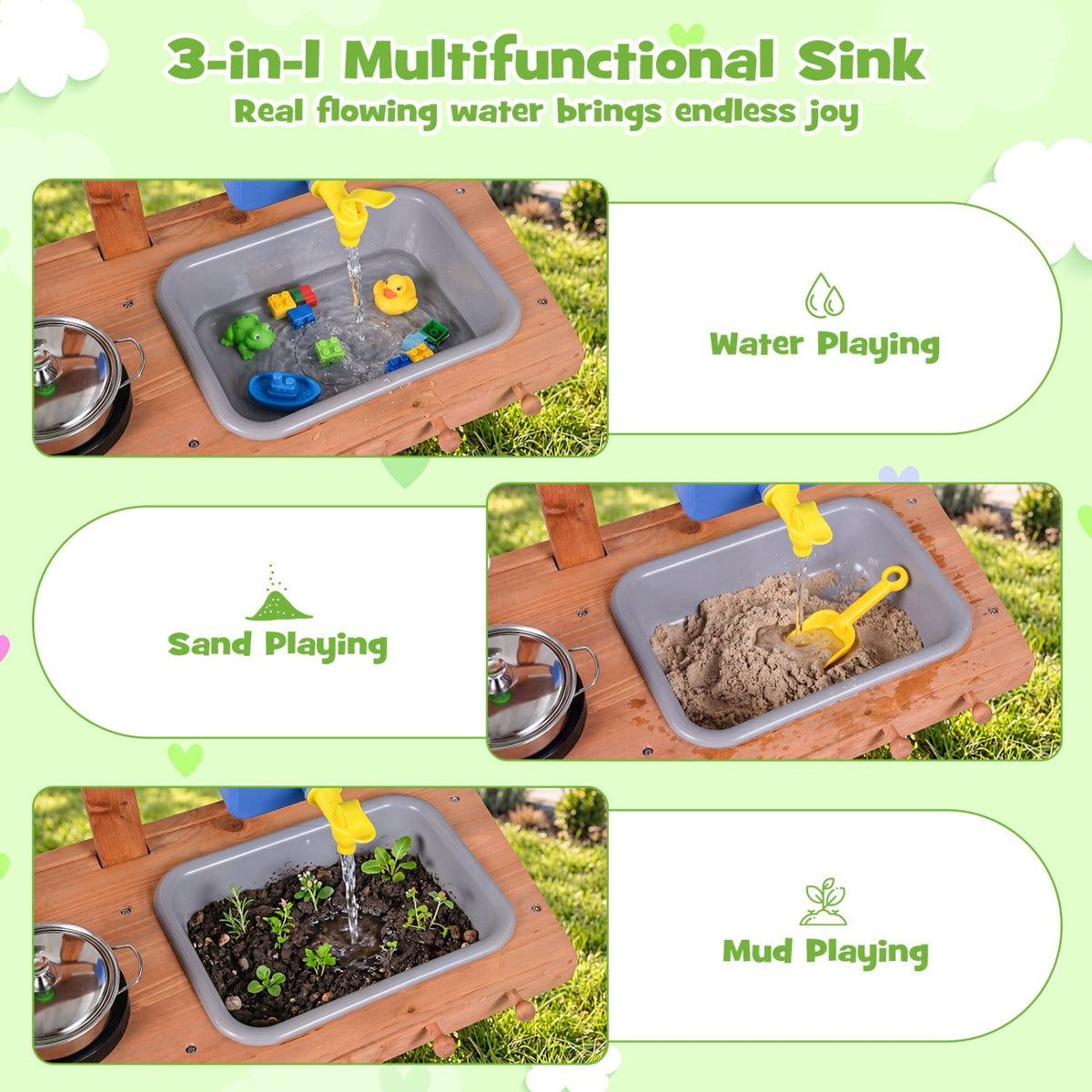 Kids Mud Kitchen with Water Tank and Sink and 15 Accessories for Ages 3+-Natural view 8