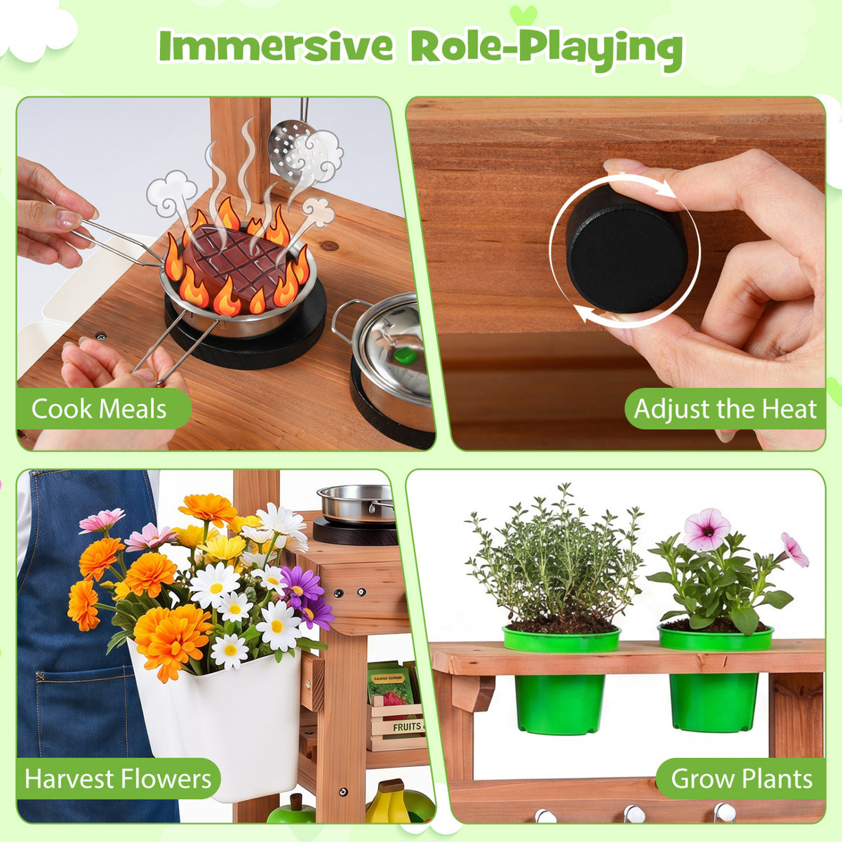 Kids Mud Kitchen with Water Tank and Sink and 15 Accessories for Ages 3+-Natural view 9