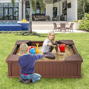 Kids Outdoor Sandbox with Oxford Cover and 4 Corner Seats-Brown view 2