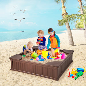 Kids Outdoor Sandbox with Oxford Cover and 4 Corner Seats-Brown view 3