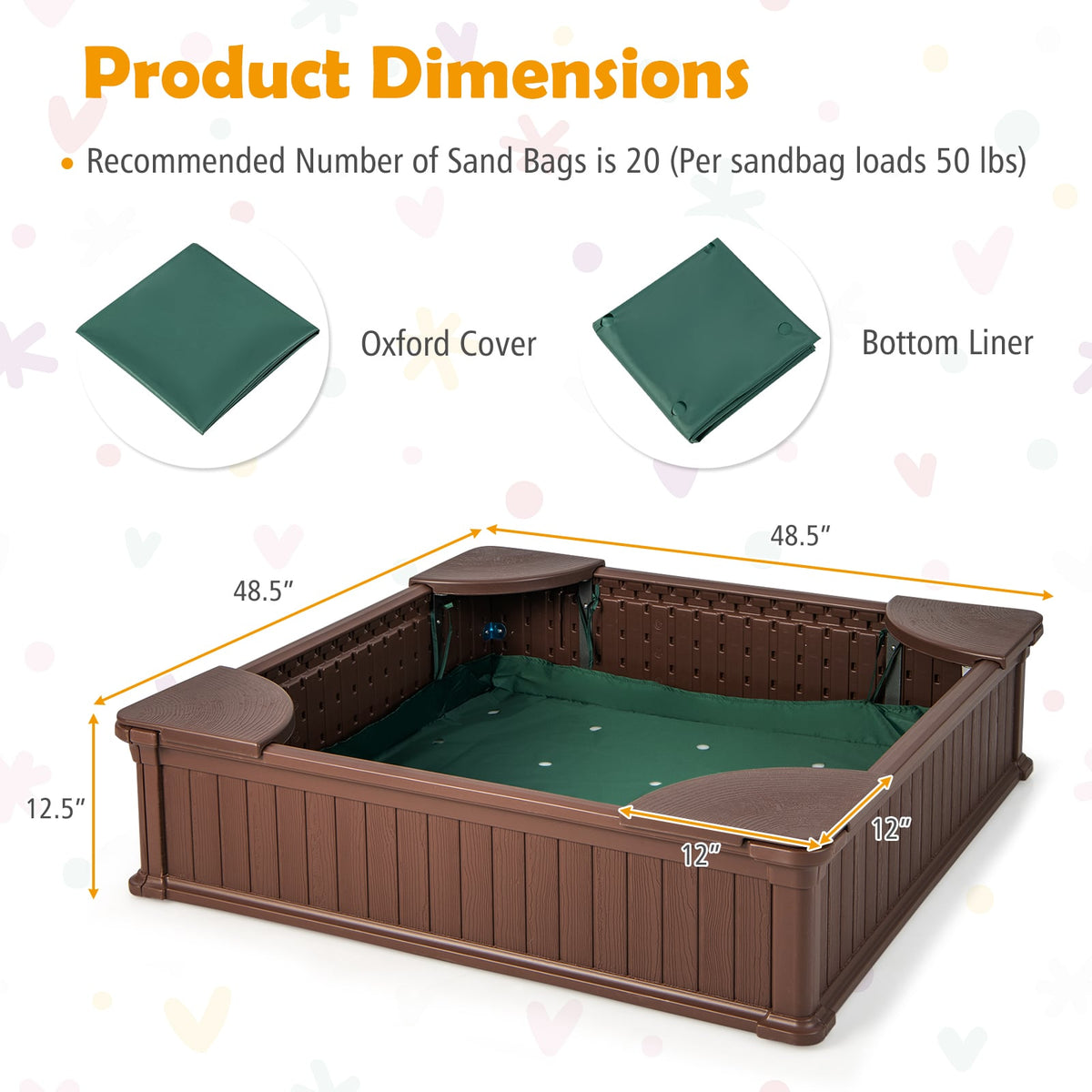 Kids Outdoor Sandbox with Oxford Cover and 4 Corner Seats-Brown view 4