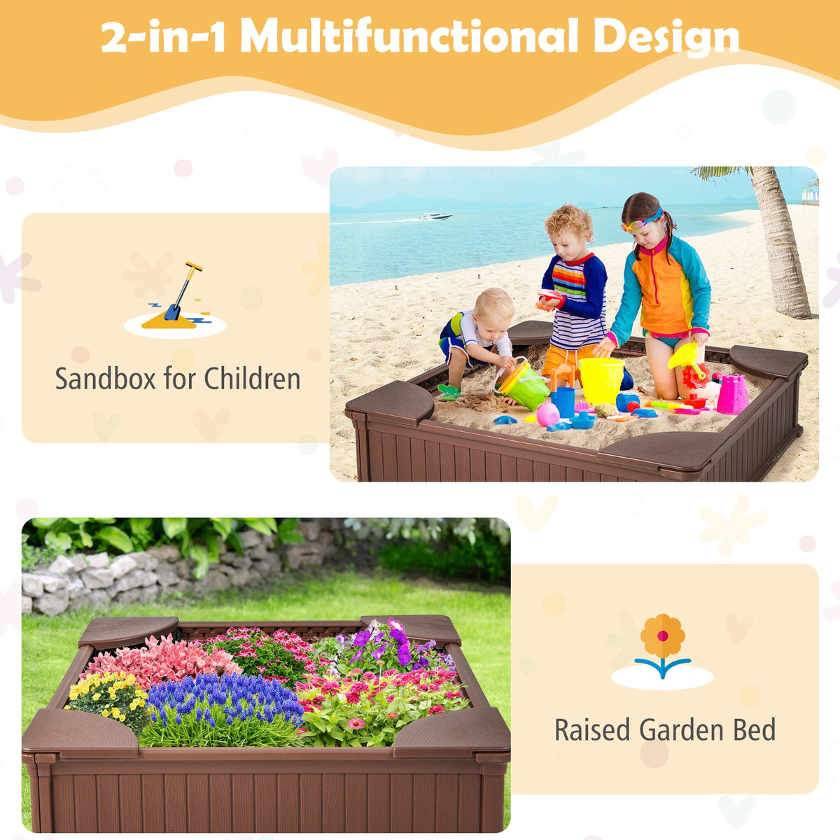 Kids Outdoor Sandbox with Oxford Cover and 4 Corner Seats-Brown view 6