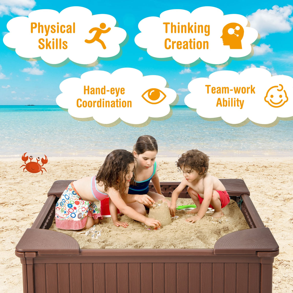 Kids Outdoor Sandbox with Oxford Cover and 4 Corner Seats-Brown view 7