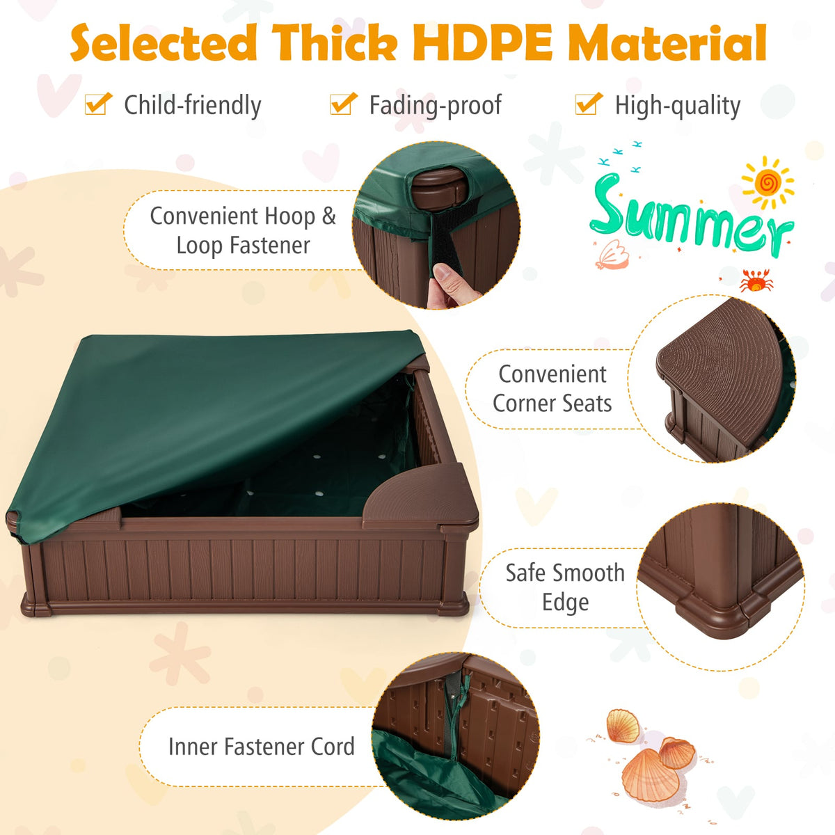 Kids Outdoor Sandbox with Oxford Cover and 4 Corner Seats-Brown view 9