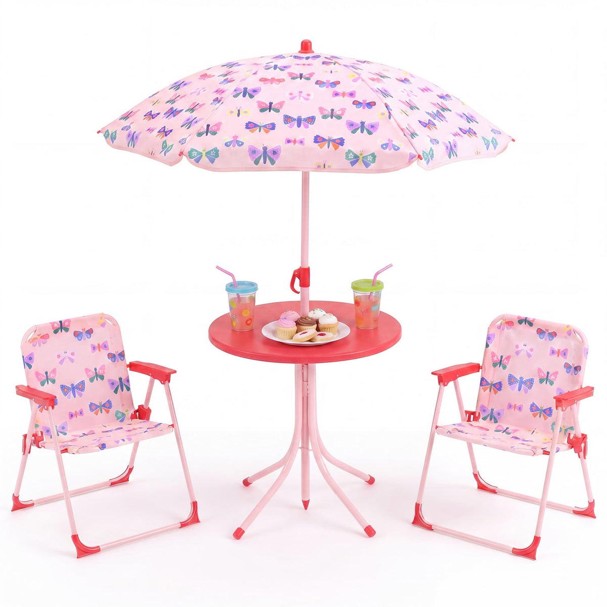Kids Outdoor Table and Chair Set with 2 Folding Chairs and Height Adjustable Umbrella-Pink and White