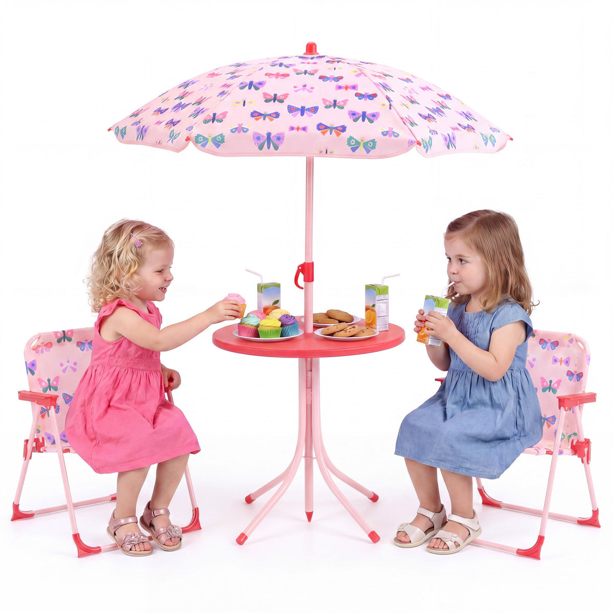 Kids Outdoor Table and Chair Set with 2 Folding Chairs and Height Adjustable Umbrella-Pink and White view 4