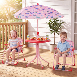Kids Outdoor Table and Chair Set with 2 Folding Chairs and Height Adjustable Umbrella-Pink and White view 2