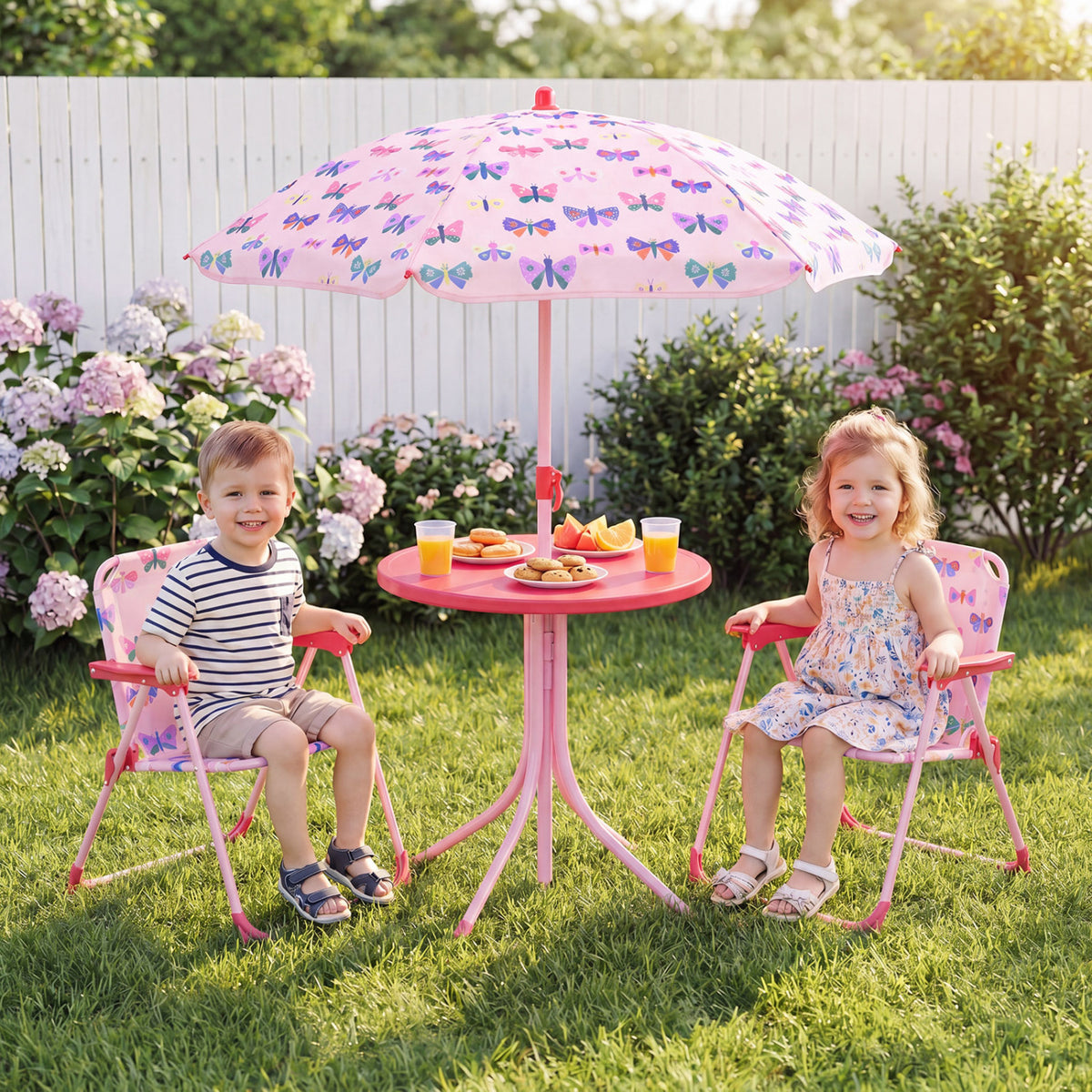 Kids Outdoor Table and Chair Set with 2 Folding Chairs and Height Adjustable Umbrella-Pink and White view 3