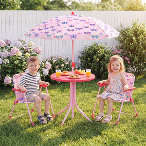 Kids Outdoor Table and Chair Set with 2 Folding Chairs and Height Adjustable Umbrella-Pink and White view 3