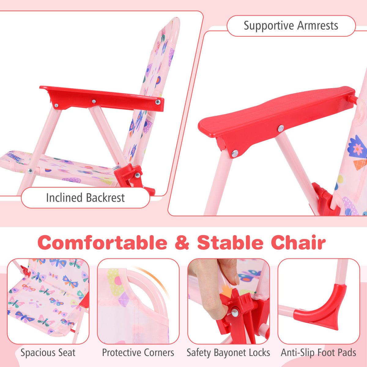 Kids Outdoor Table and Chair Set with 2 Folding Chairs and Height Adjustable Umbrella-Pink and White view 7
