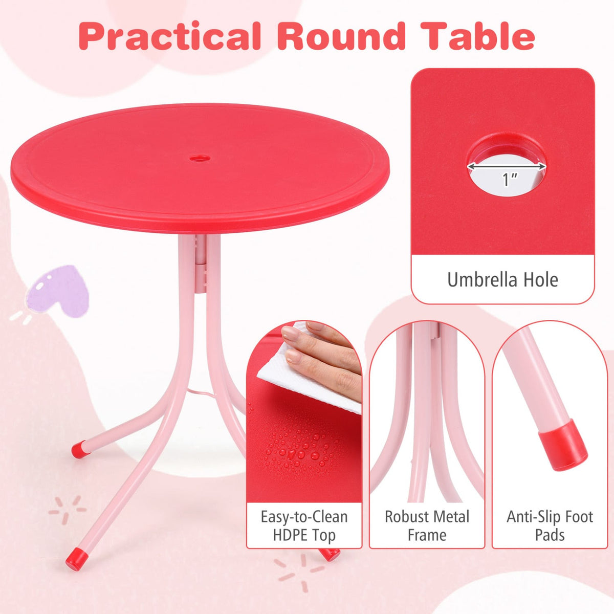 Kids Outdoor Table and Chair Set with 2 Folding Chairs and Height Adjustable Umbrella-Pink and White view 8
