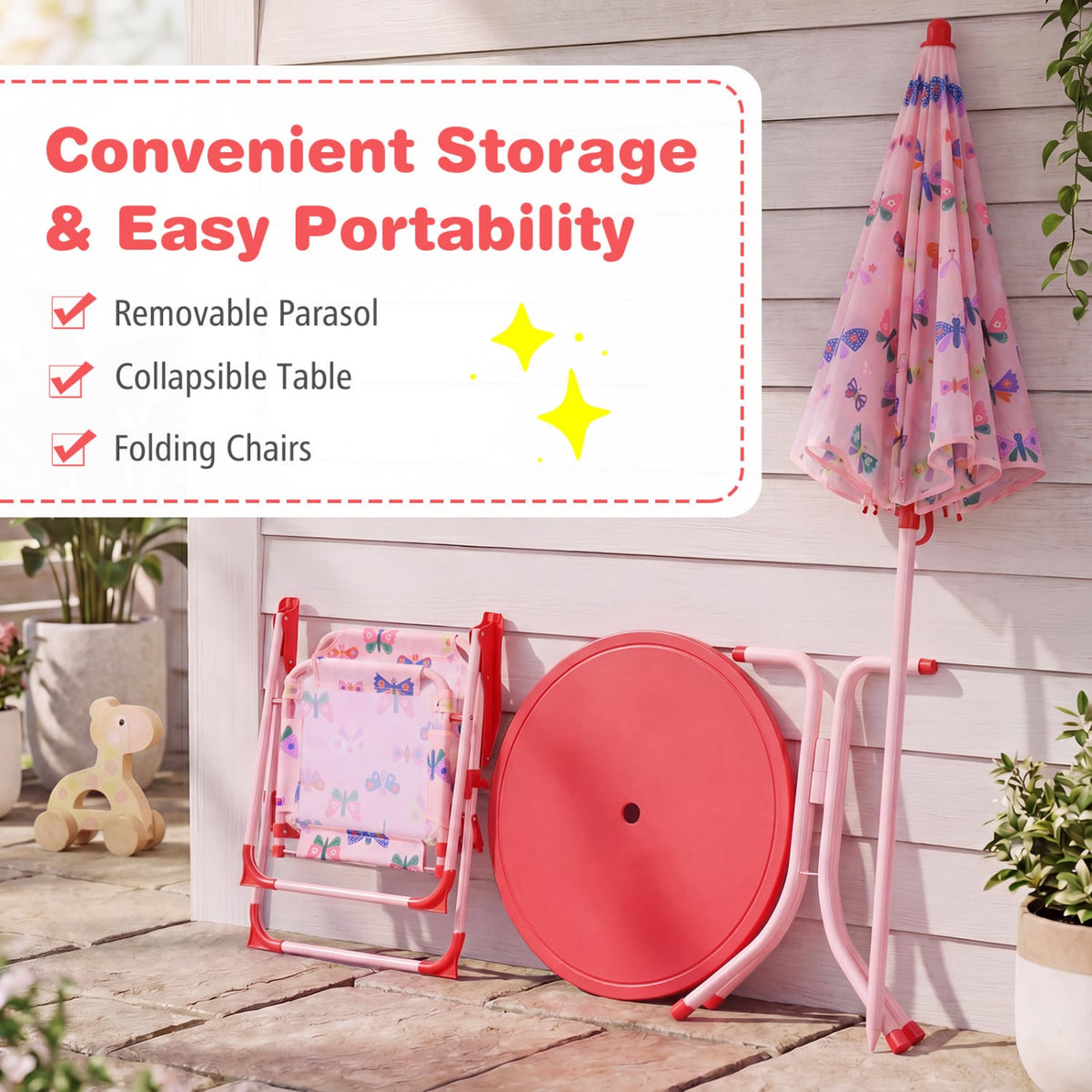Kids Outdoor Table and Chair Set with 2 Folding Chairs and Height Adjustable Umbrella-Pink and White view 9