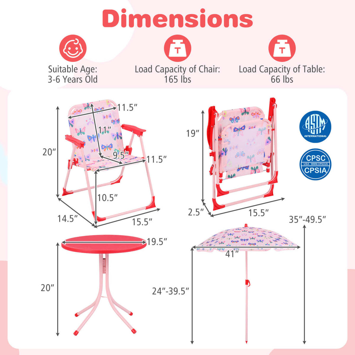 Kids Outdoor Table and Chair Set with 2 Folding Chairs and Height Adjustable Umbrella-Pink and White view 5