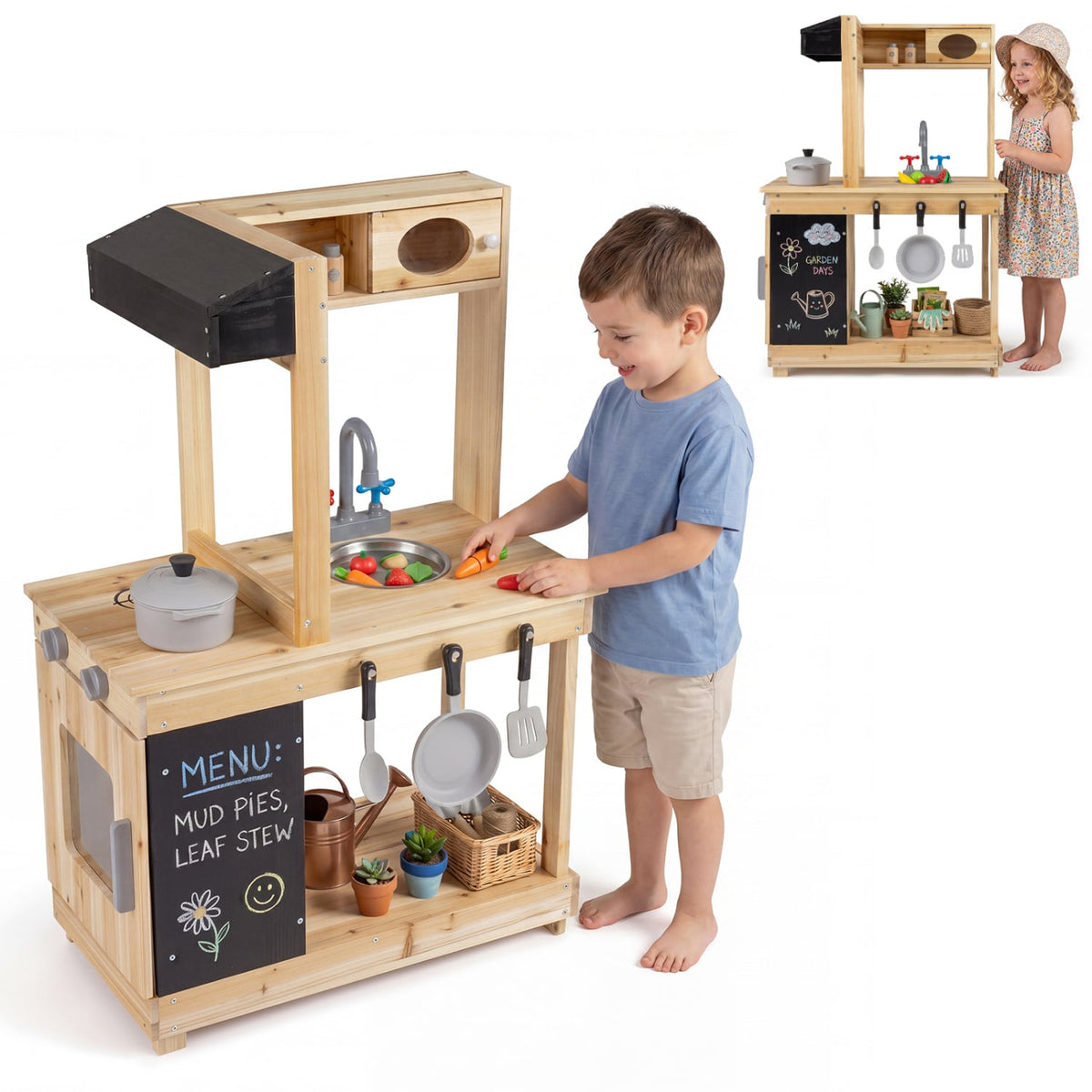 Kids Outdoor Wooden Mud Kitchen with Stoves and Chalkboard-Natural view 4