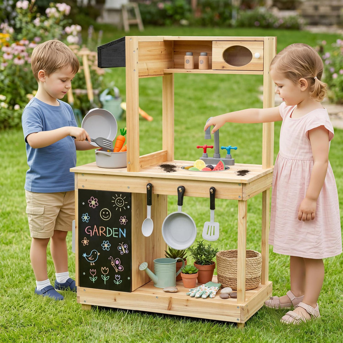 Kids Outdoor Wooden Mud Kitchen with Stoves and Chalkboard-Natural view 3