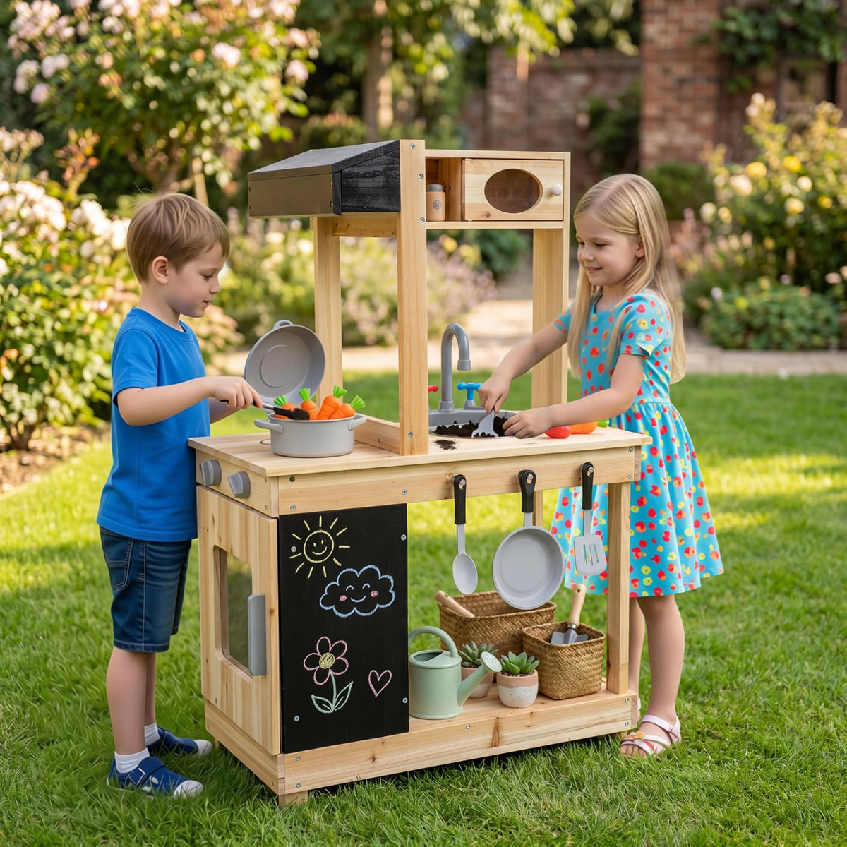 Kids Outdoor Wooden Mud Kitchen with Stoves and Chalkboard-Natural view 2