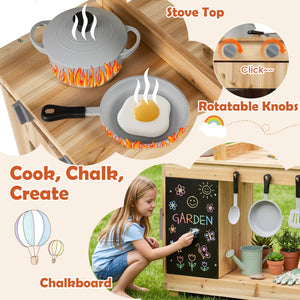Kids Outdoor Wooden Mud Kitchen with Stoves and Chalkboard-Natural view 7