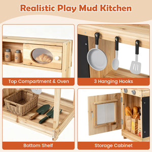 Kids Outdoor Wooden Mud Kitchen with Stoves and Chalkboard-Natural view 9