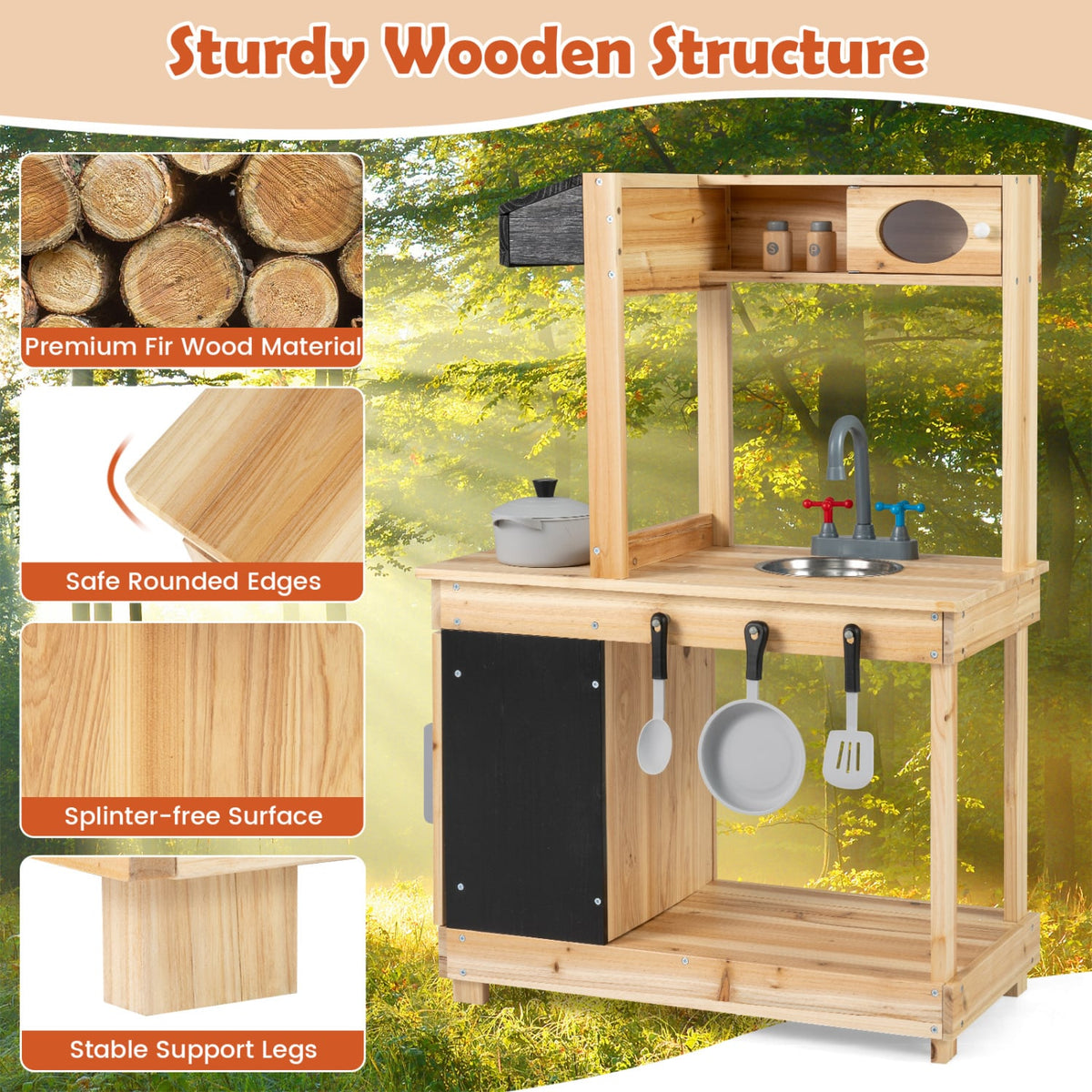 Kids Outdoor Wooden Mud Kitchen with Stoves and Chalkboard-Natural view 6