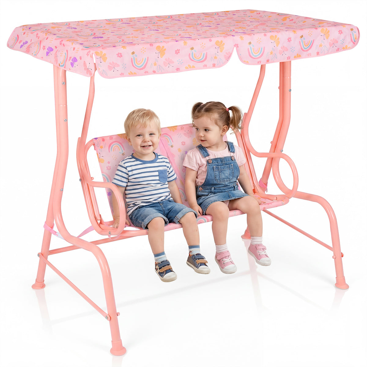 Kids Patio Swing 2-Seater Outdoor Porch Swing Lounge Chair with Adjustable Canopy-Pink view 4