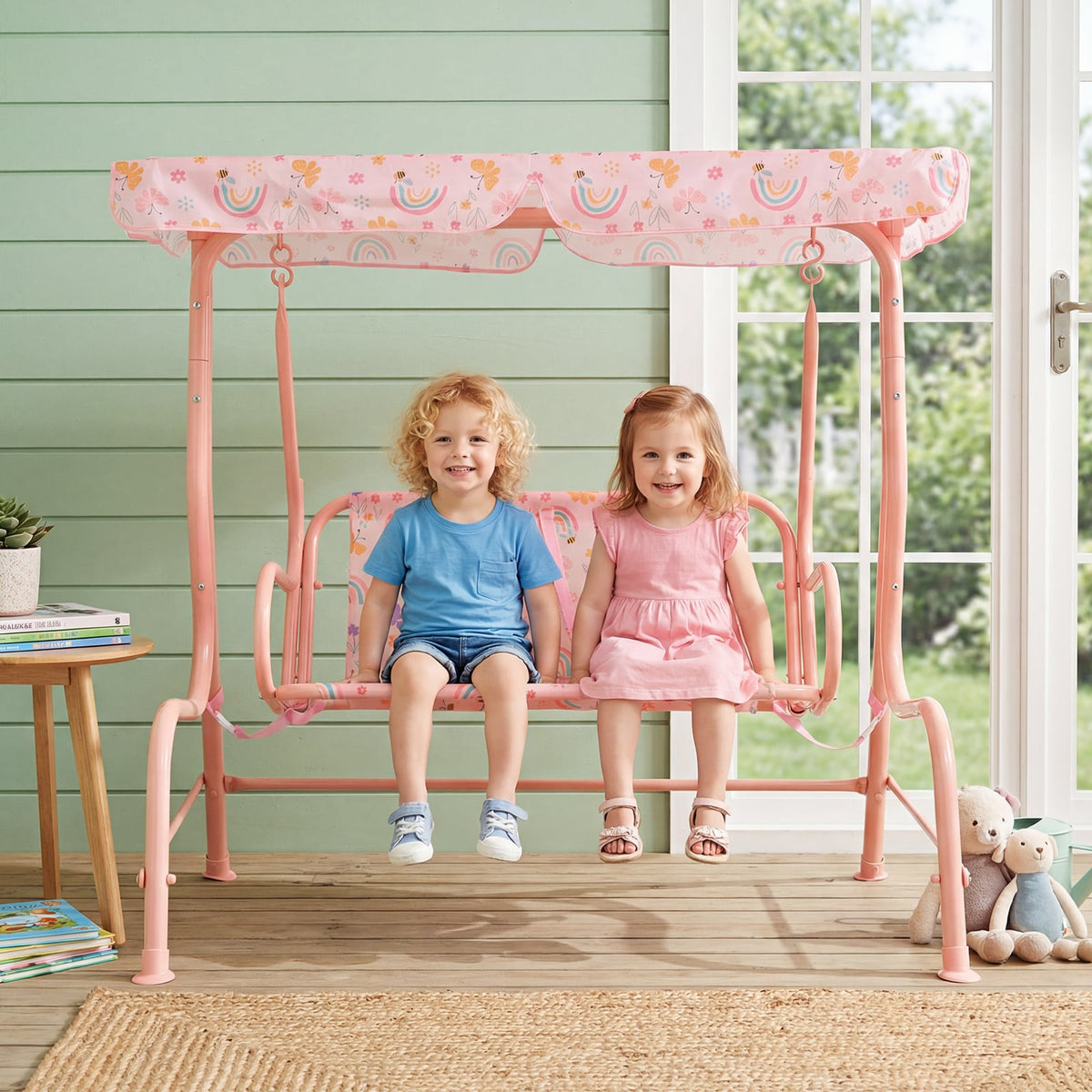 Kids Patio Swing 2-Seater Outdoor Porch Swing Lounge Chair with Adjustable Canopy-Pink view 2