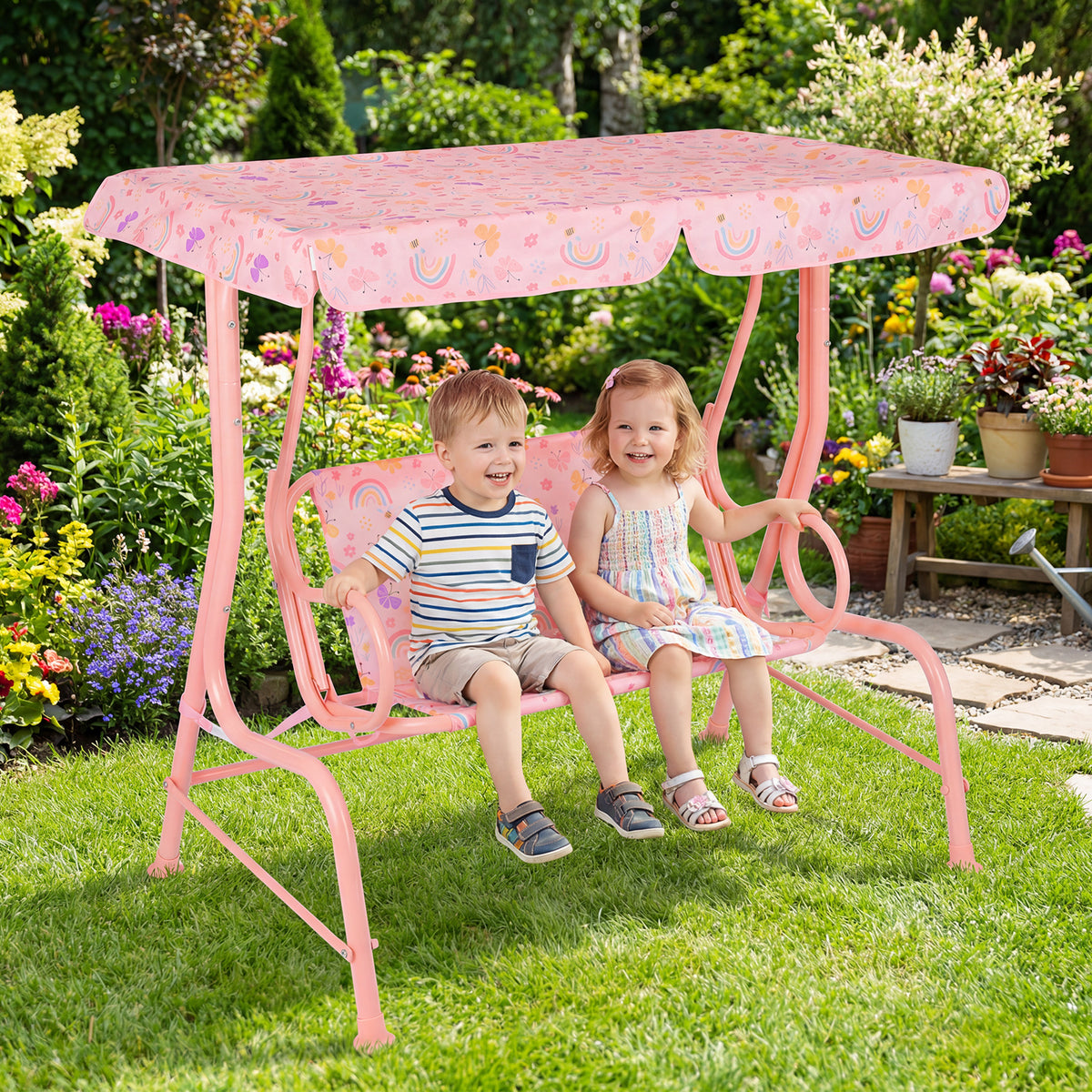Kids Patio Swing 2-Seater Outdoor Porch Swing Lounge Chair with Adjustable Canopy-Pink view 3