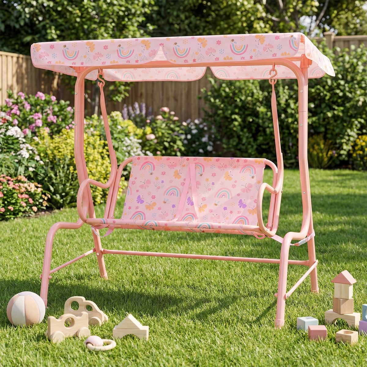 Kids Patio Swing 2-Seater Outdoor Porch Swing Lounge Chair with Adjustable Canopy-Pink view 5