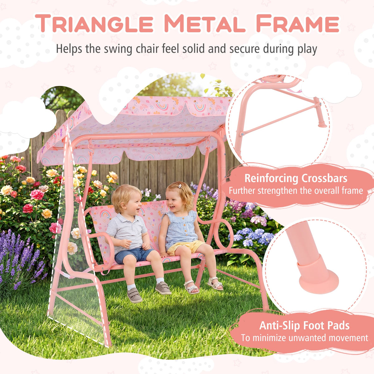 Kids Patio Swing 2-Seater Outdoor Porch Swing Lounge Chair with Adjustable Canopy-Pink view 7